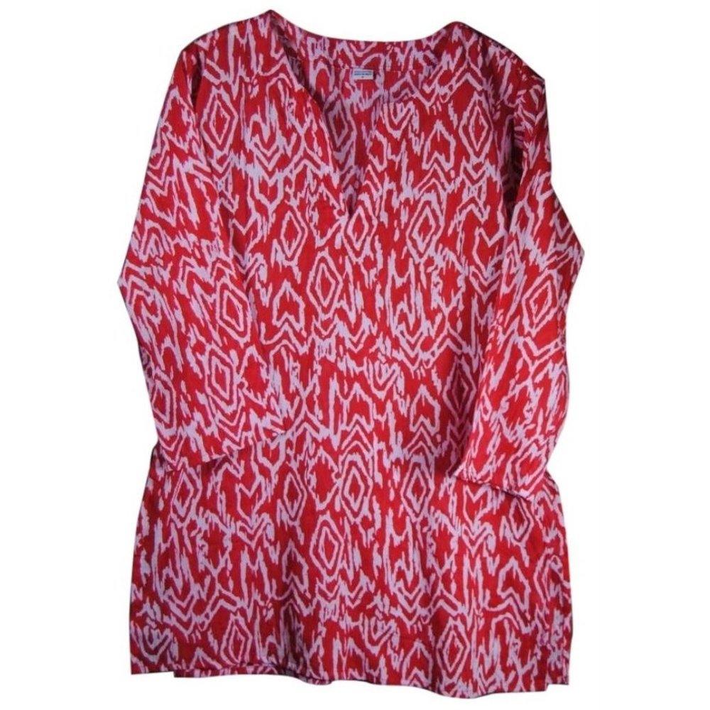 Tory Burch Style Cotton Ikat Print Tunic, Red, XL